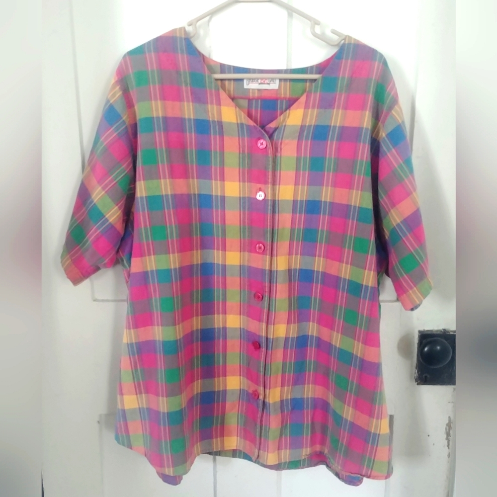 Vintage Bridge Gate Womens Colorful Plaid V Neck Button Down Blouse Size 2X (E)